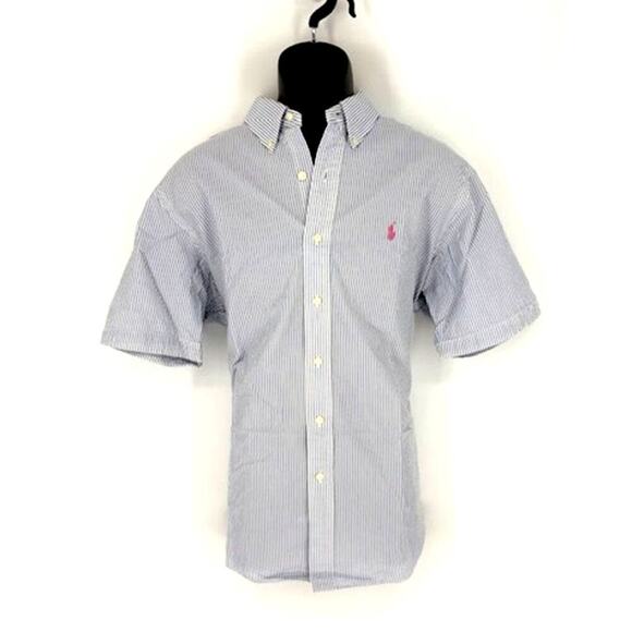 Ralph Lauren Blue and White Seersucker Button Down Polo with Pink Pony – Large - Picture 1 of 7